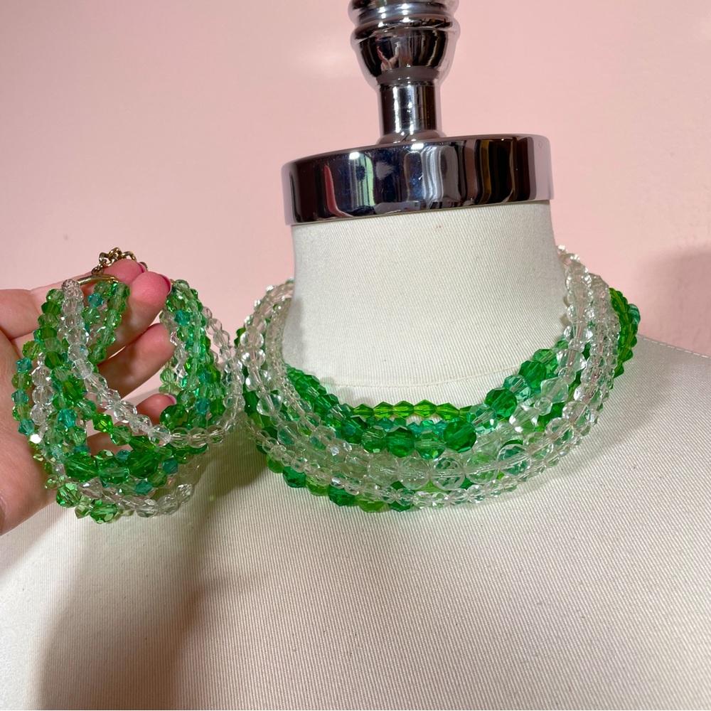 Vintage 60’s Green GLASS Regency Cottage Fairy Whimsical Necklace Bracelet Set